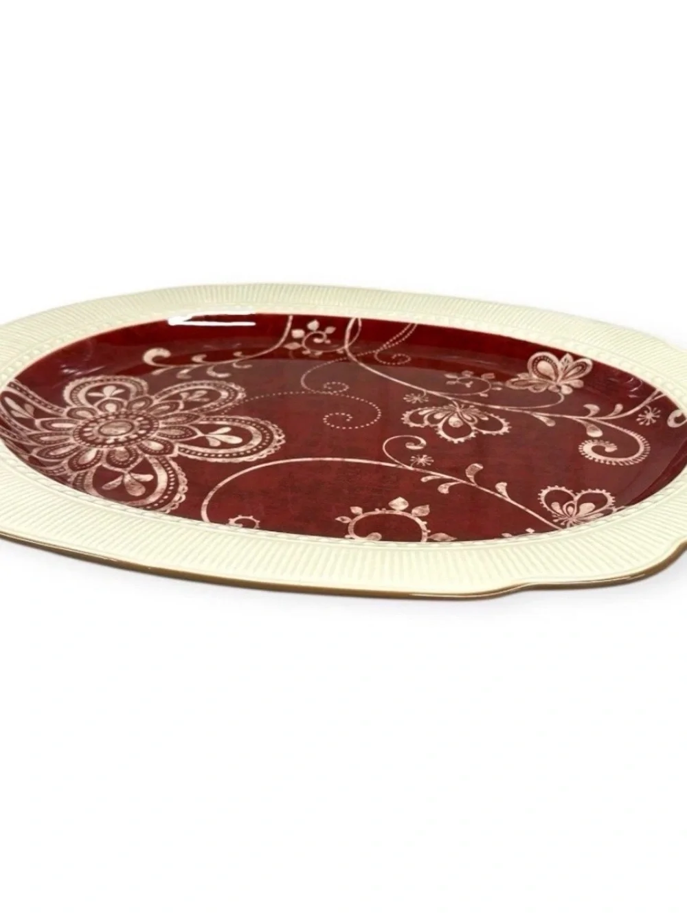 Pier 1 Imports Maribeth 18” Oval Serving Platter Burgundy Cream Ironstone